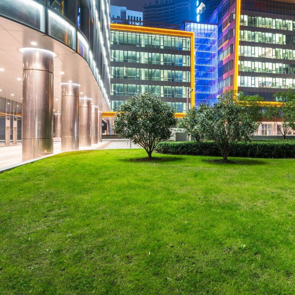 Modern building with illuminated windows at night.