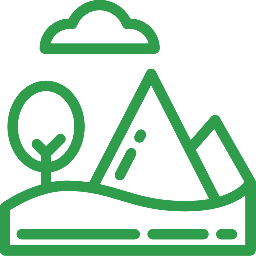 Green outline of mountains and tree illustration.
