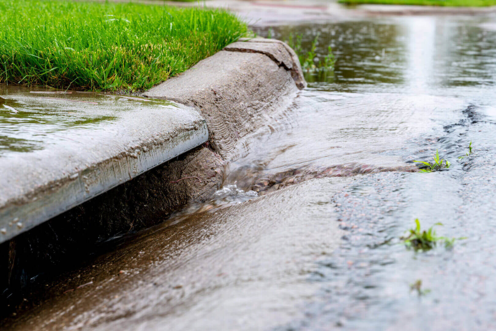 Water flowing out of a storm drain onto the street.