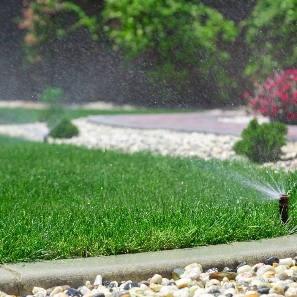 Lawn sprinkler watering a green, well-maintained garden.